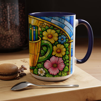 Stained Glass Garden Mug — Colorful Floral Book Basket Coffee Mug
