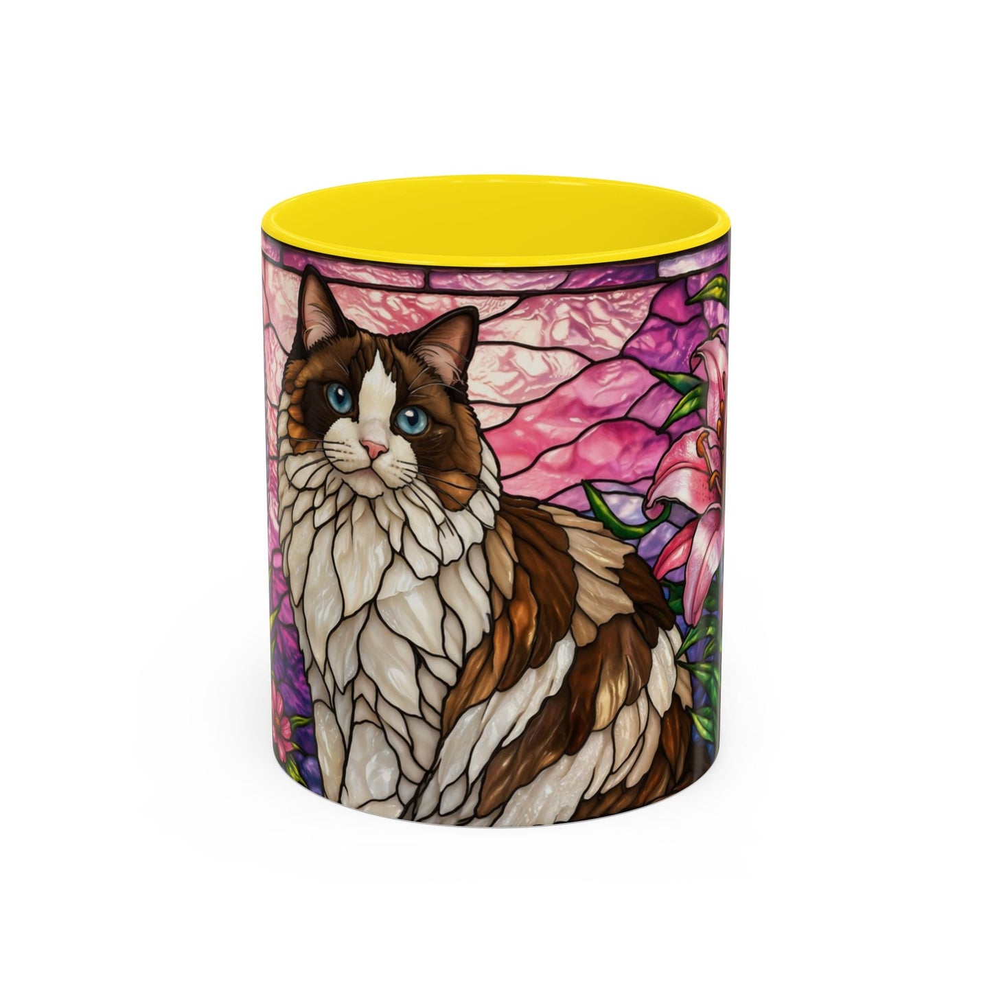 Stained Glass Ragdoll Cat Accent Coffee Mug — Floral Lily Ceramic 11/15oz