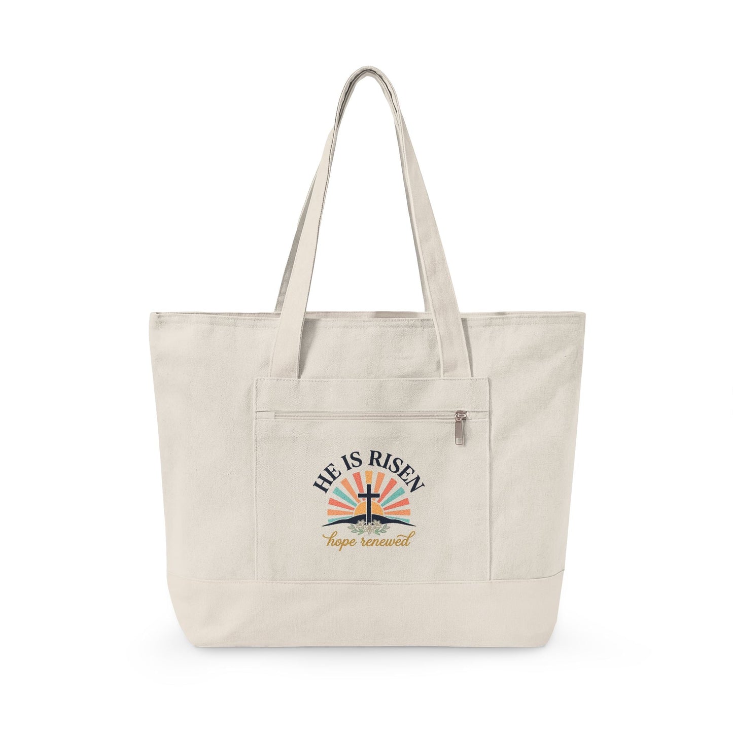 He Is Risen Canvas Tote - Easter Cross Zippered Beach & Grocery Bag