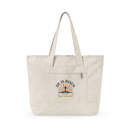 He Is Risen Canvas Tote - Easter Cross Zippered Beach & Grocery Bag