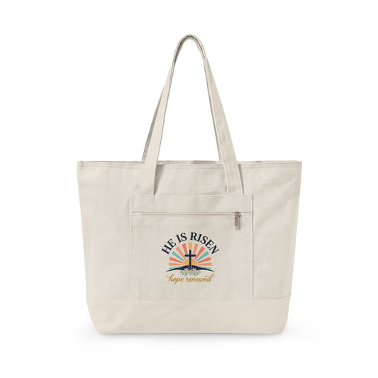 He Is Risen Canvas Tote - Easter Cross Zippered Beach & Grocery Bag