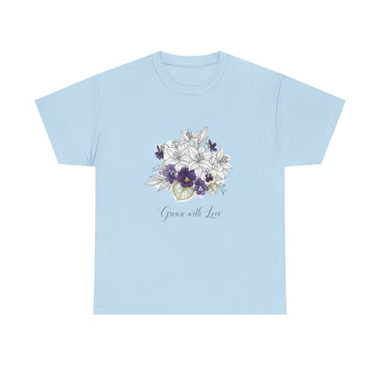 Floral 'Grow with Love' Tee — Botanical Pansy Bouquet T-Shirt