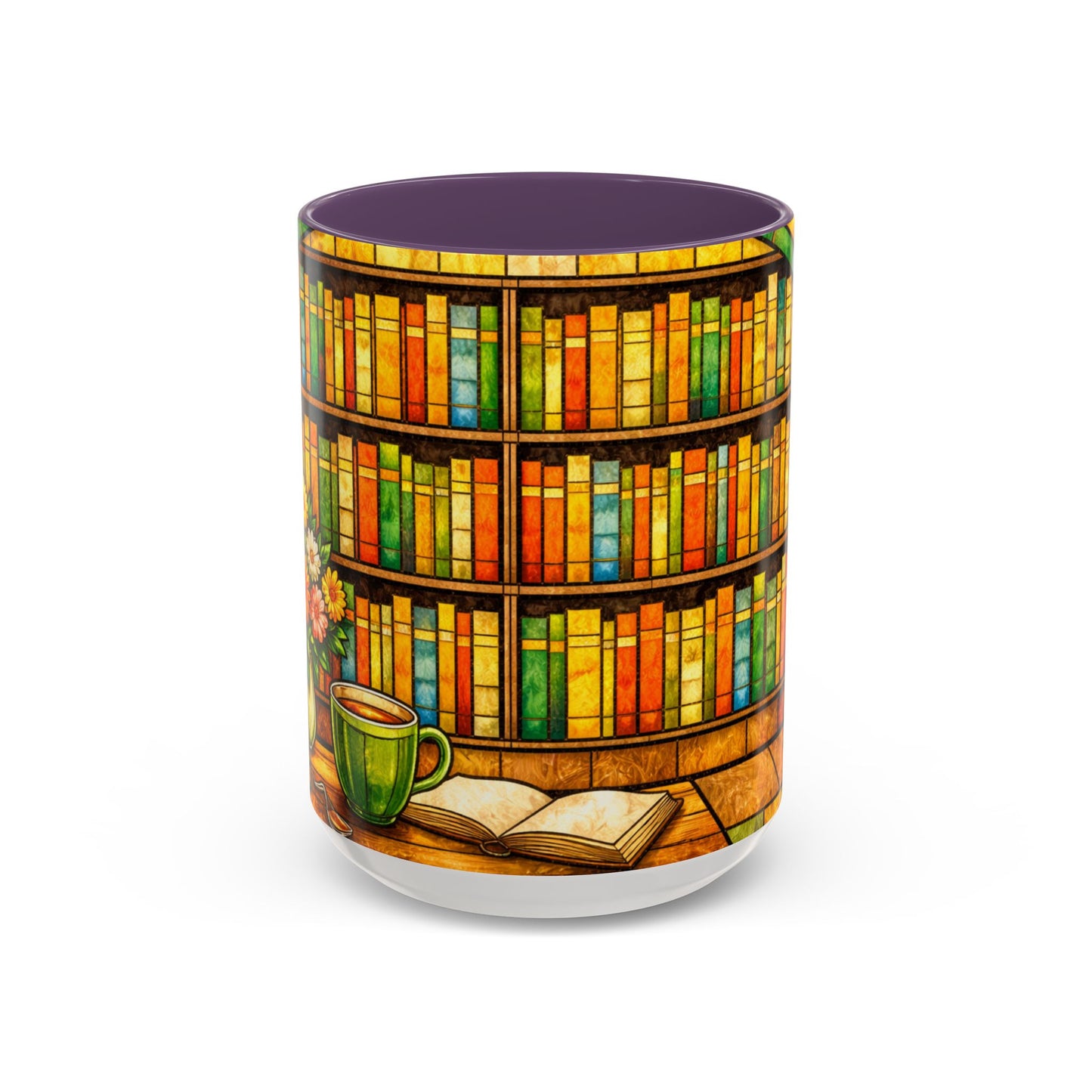 Booklover Coffee Mug – Stained Glass Library Accent Ceramic Mug