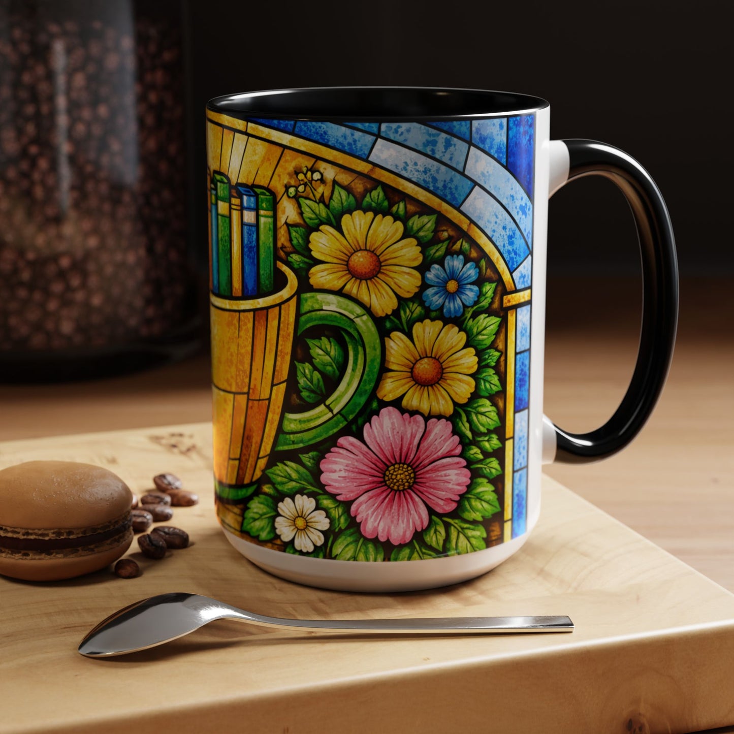 Stained Glass Garden Mug — Colorful Floral Book Basket Coffee Mug
