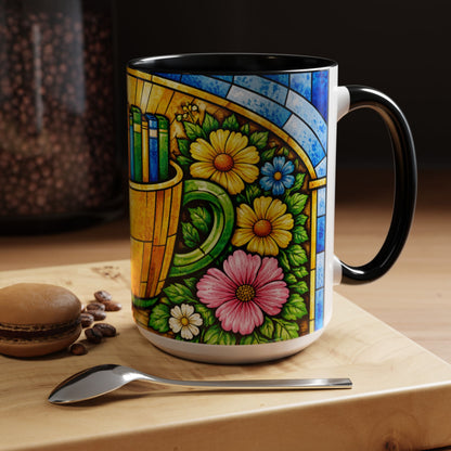 Stained Glass Garden Mug — Colorful Floral Book Basket Coffee Mug