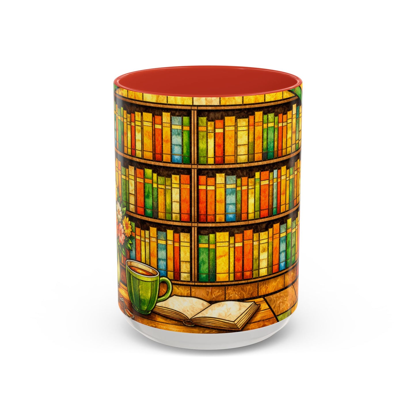 Booklover Coffee Mug – Stained Glass Library Accent Ceramic Mug