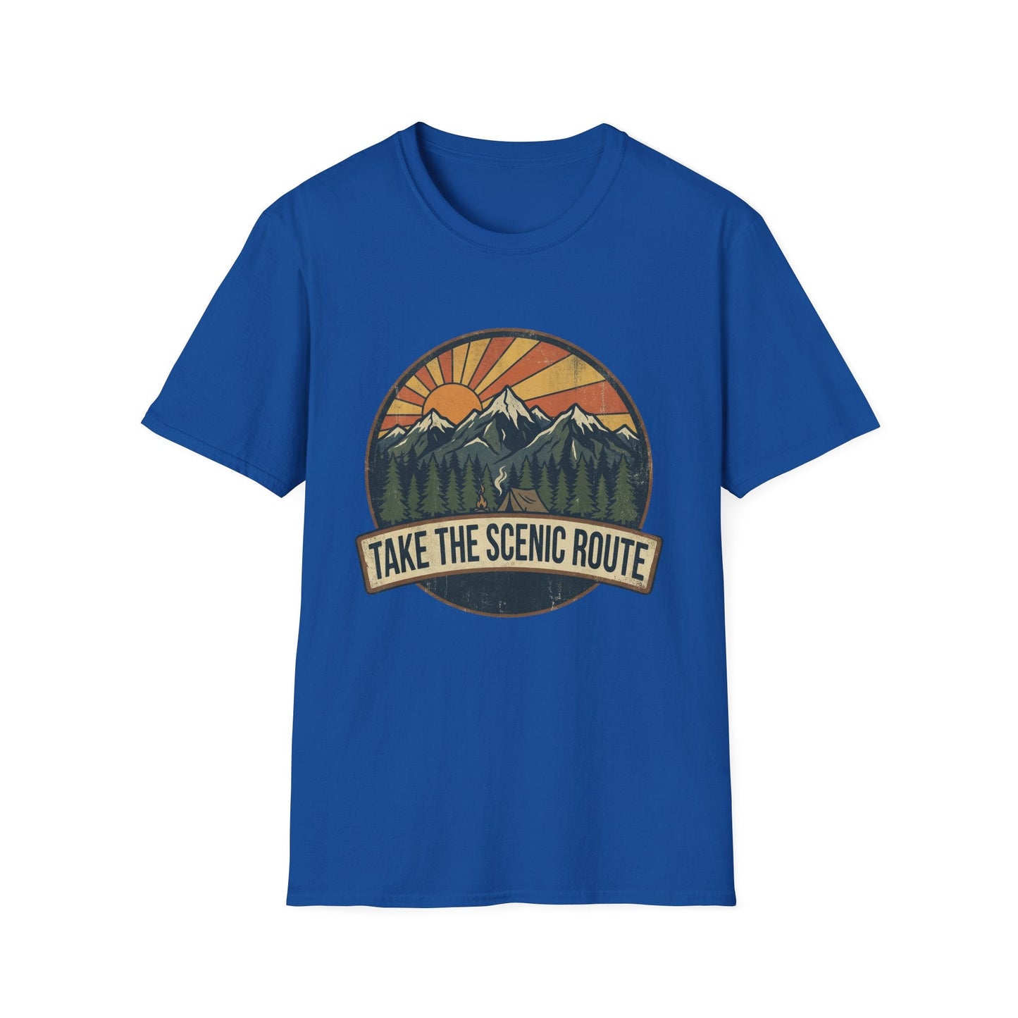 Take The Scenic Route T-Shirt — Vintage Mountain Sun Graphic Tee for Travelers & Hikers