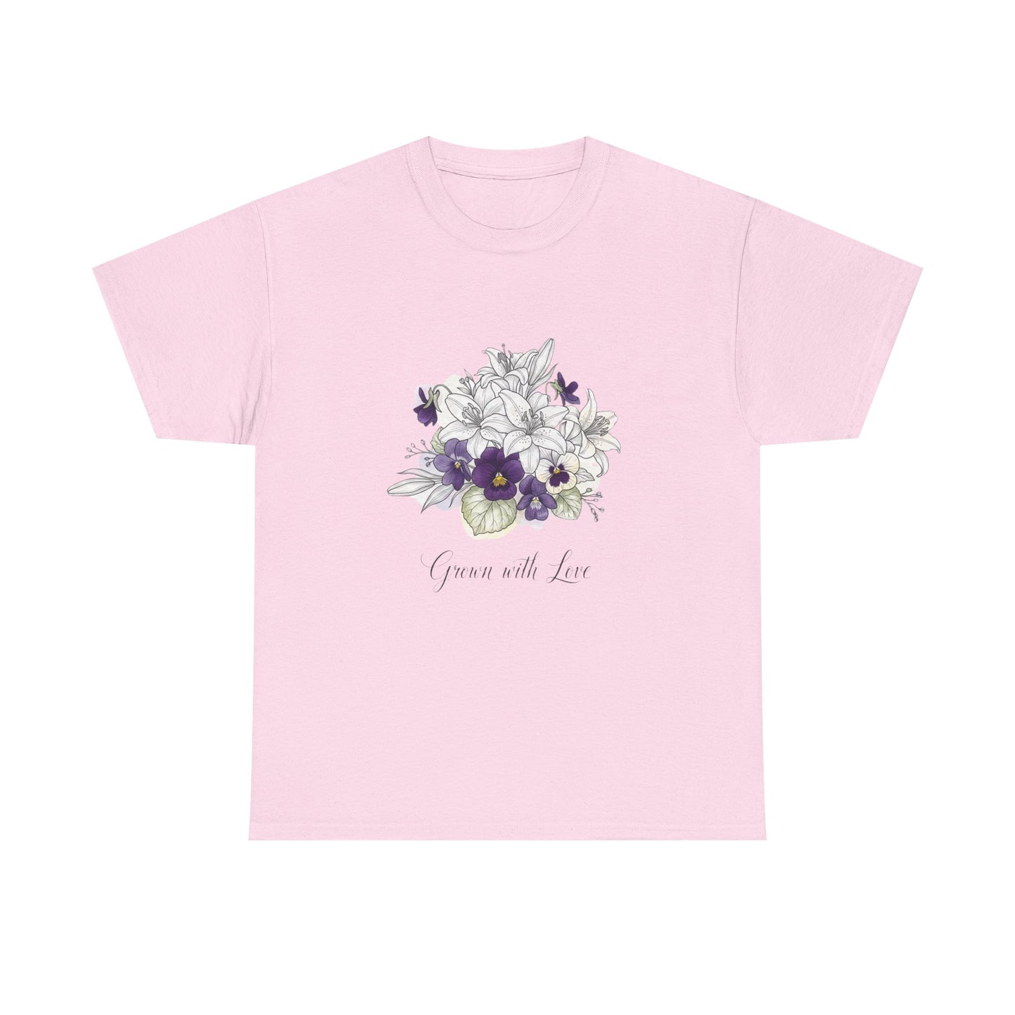 Floral 'Grow with Love' Tee — Botanical Pansy Bouquet T-Shirt
