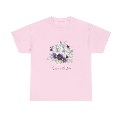 Floral 'Grow with Love' Tee — Botanical Pansy Bouquet T-Shirt