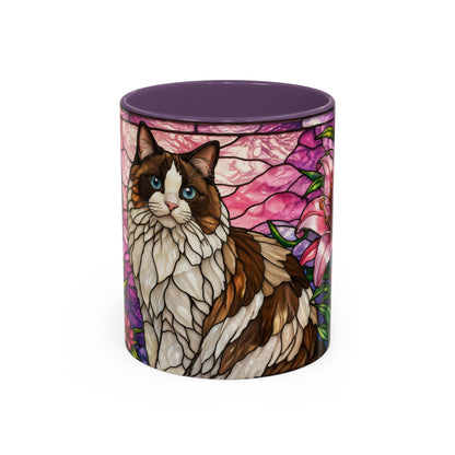 Stained Glass Ragdoll Cat Accent Coffee Mug — Floral Lily Ceramic 11/15oz