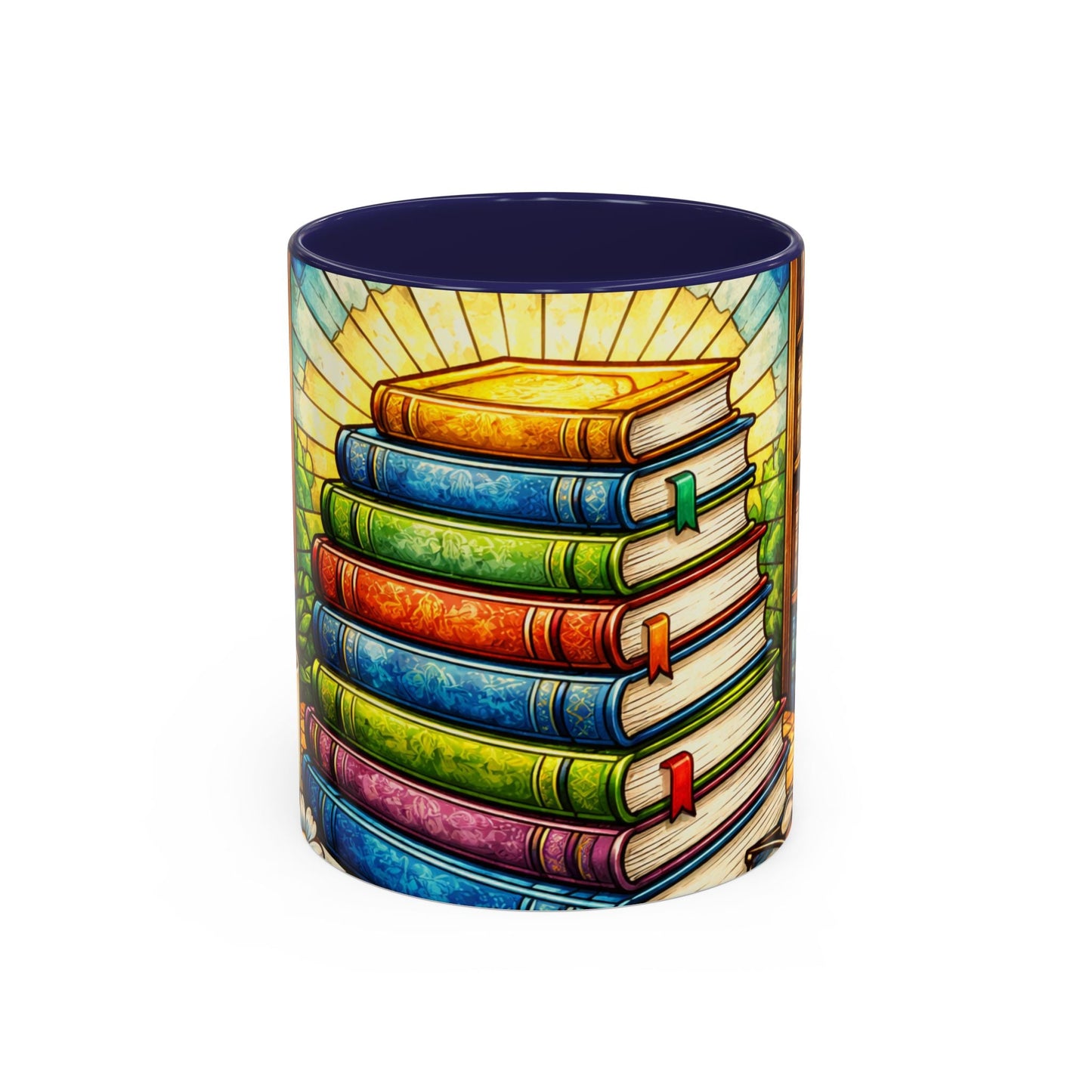 Stacked Books Accent Coffee Mug — Colorful Library Art for Book Lovers