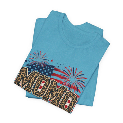 MOMO Leopard Patriotic T‑Shirt — American Flag Fireworks Graphic Tee