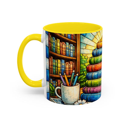 Stacked Books Accent Coffee Mug — Colorful Library Art for Book Lovers