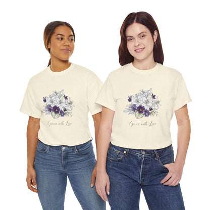 Floral 'Grow with Love' Tee — Botanical Pansy Bouquet T-Shirt
