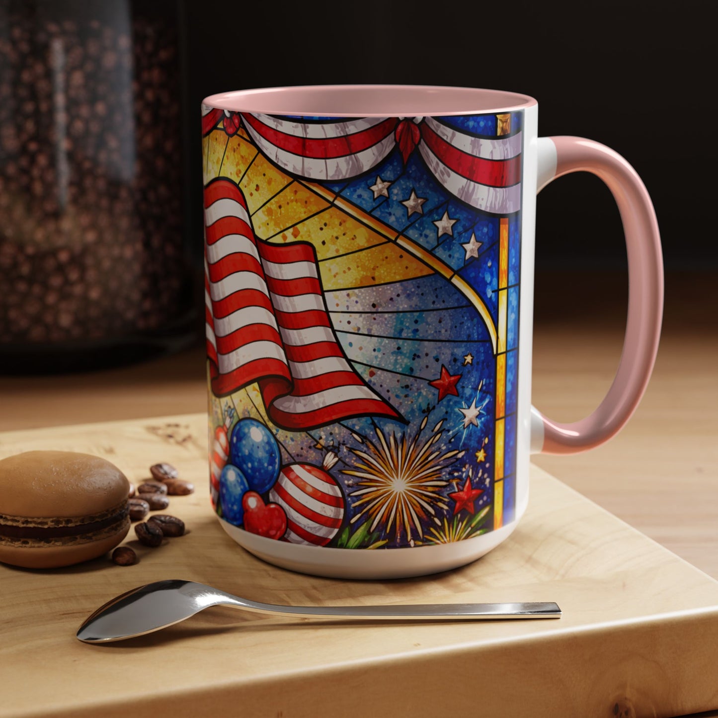Patriotic Accent Coffee Mug — American Flag & Fireworks 15oz