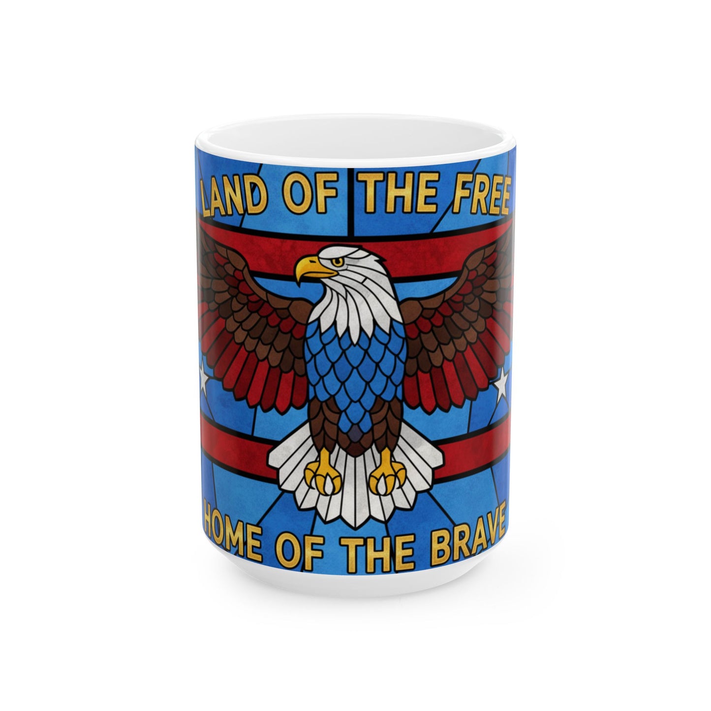 Bald Eagle Patriotic Mug 15oz — Land of the Free Stained-Glass American Flag Gift