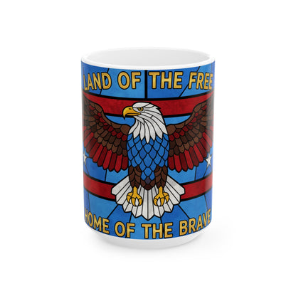 Bald Eagle Patriotic Mug 15oz — Land of the Free Stained-Glass American Flag Gift