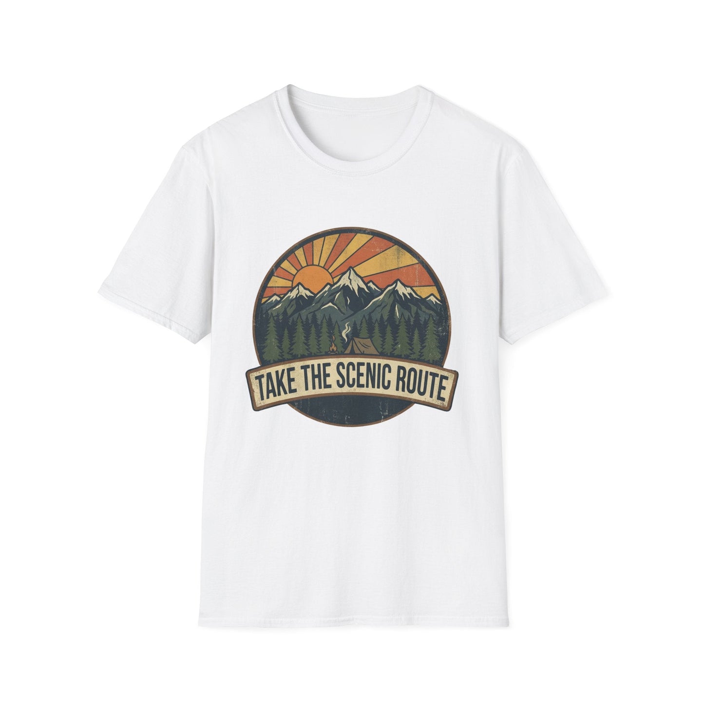 Take The Scenic Route T-Shirt — Vintage Mountain Sun Graphic Tee for Travelers & Hikers