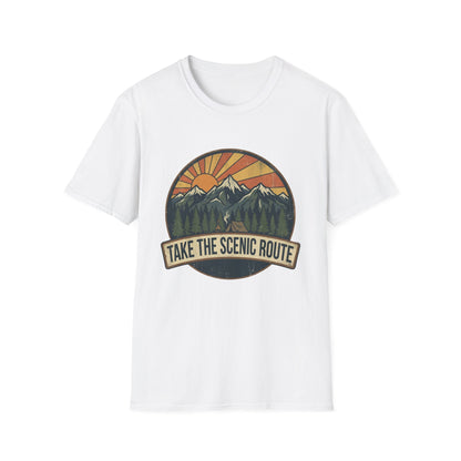 Take The Scenic Route T-Shirt — Vintage Mountain Sun Graphic Tee for Travelers & Hikers