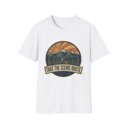 Take The Scenic Route T-Shirt — Vintage Mountain Sun Graphic Tee for Travelers & Hikers