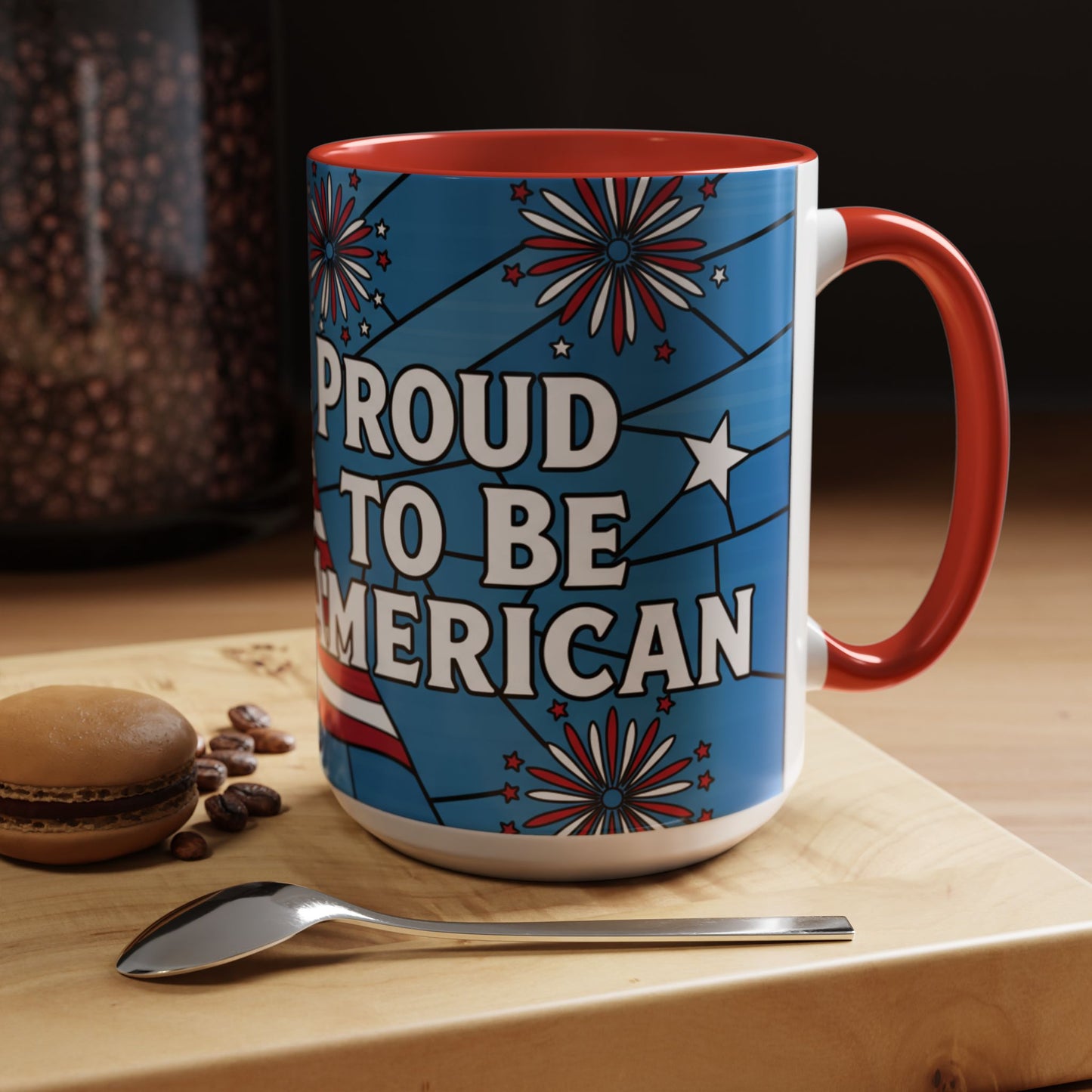 Proud to Be American Mug 15oz — Patriotic Fireworks Gift for Veterans & Patriots