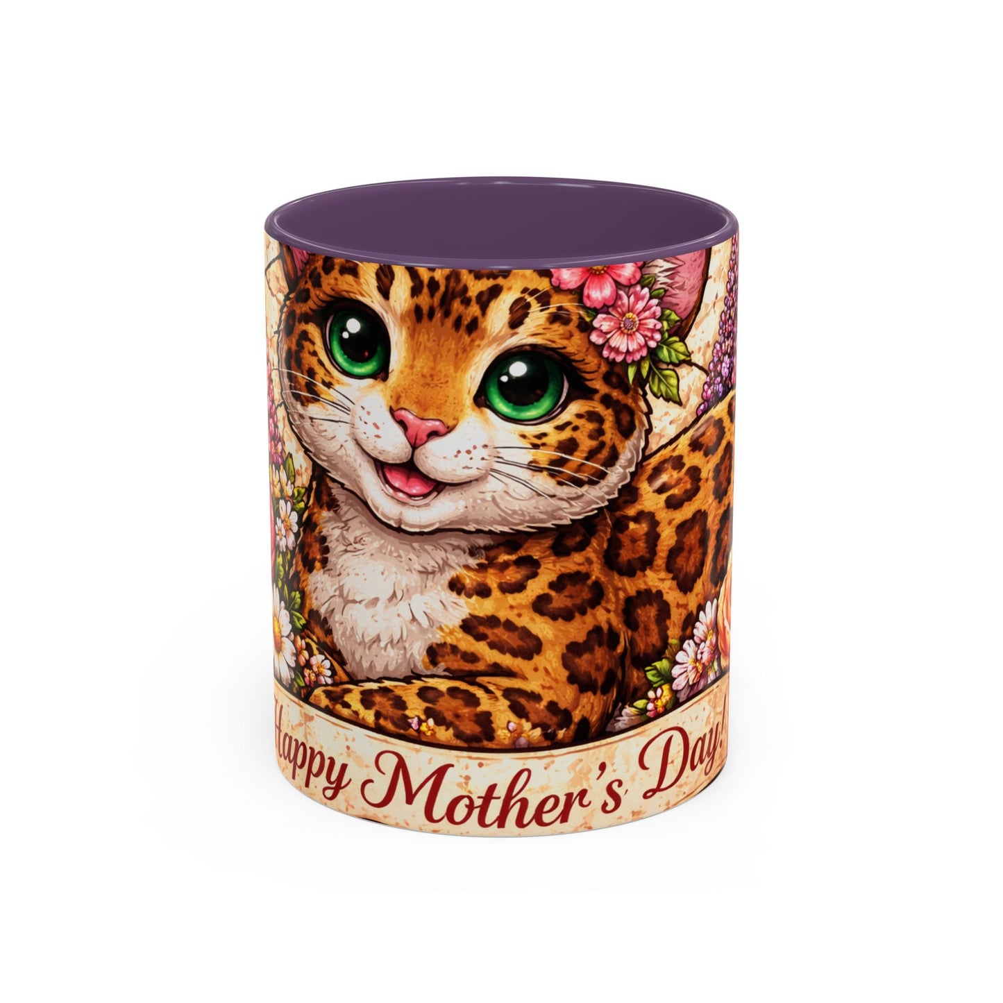 Mother's Day Cat Coffee Mug – Cute Floral Leopard Cat Accent Mug (11 oz)