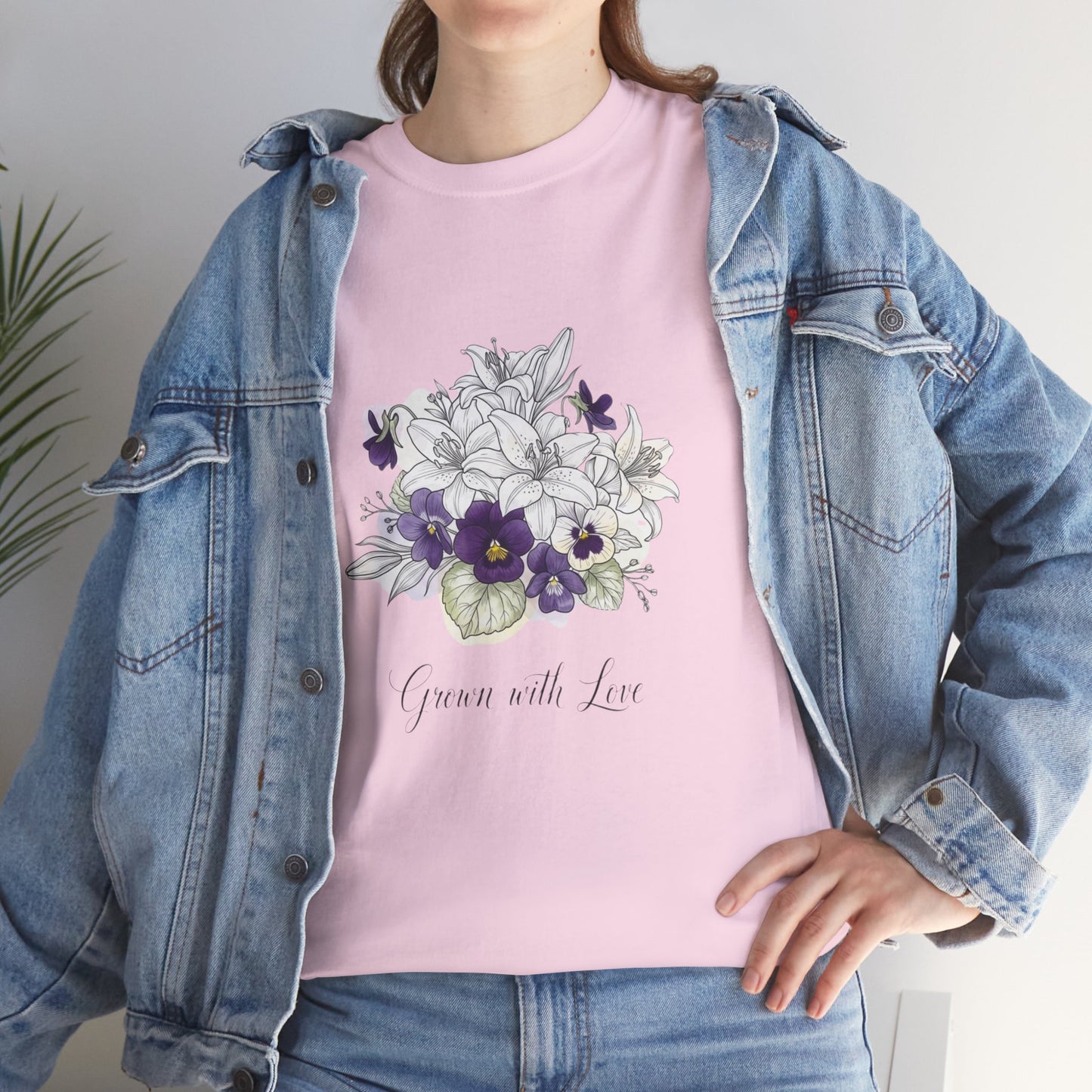 Floral 'Grow with Love' Tee — Botanical Pansy Bouquet T-Shirt