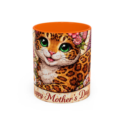 Mother's Day Cat Coffee Mug – Cute Floral Leopard Cat Accent Mug (11 oz)