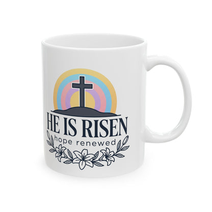 He Is Risen Ceramic Mug — Christian Easter Rainbow Coffee Cup (11oz & 15oz)