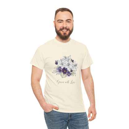 Floral 'Grow with Love' Tee — Botanical Pansy Bouquet T-Shirt
