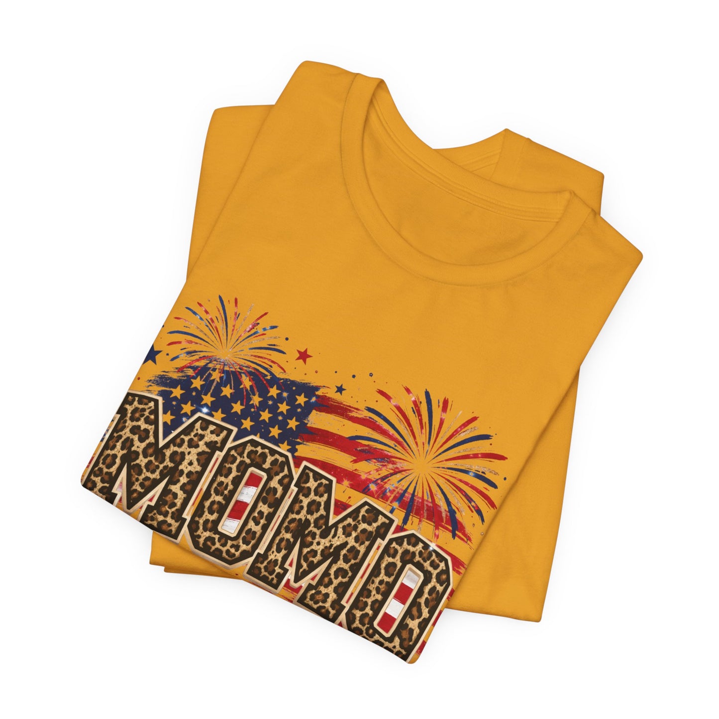 MOMO Leopard Patriotic T‑Shirt — American Flag Fireworks Graphic Tee