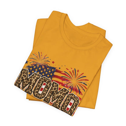 MOMO Leopard Patriotic T‑Shirt — American Flag Fireworks Graphic Tee