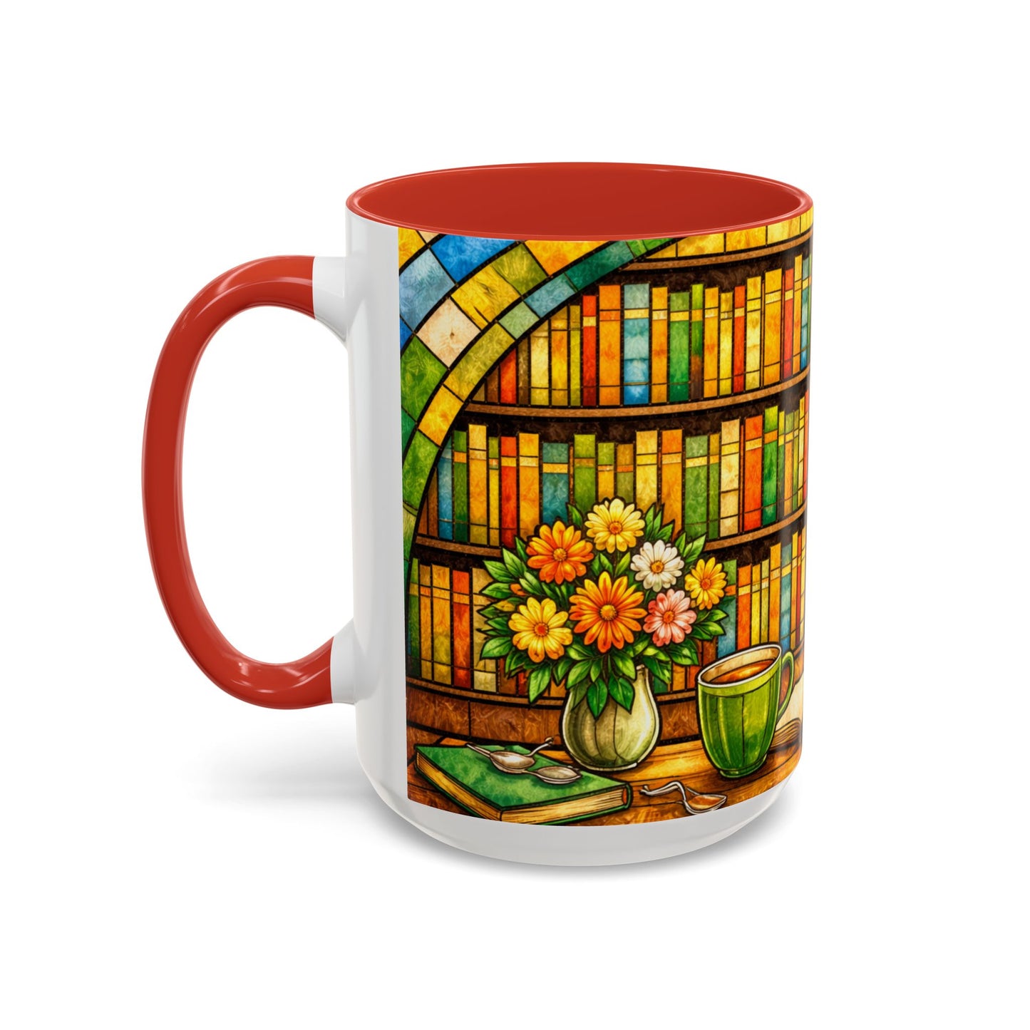 Booklover Coffee Mug – Stained Glass Library Accent Ceramic Mug