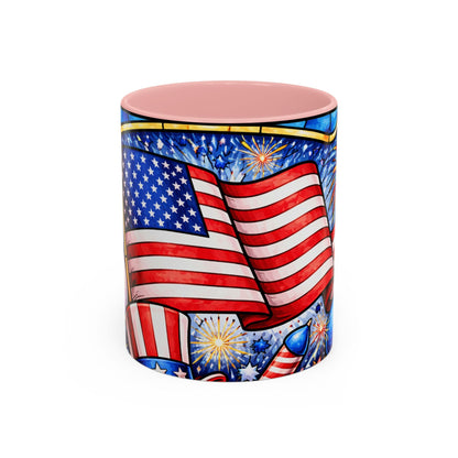 Patriotic American Flag Coffee Mug – 11/15oz Accent Mug with Fireworks & USA Design