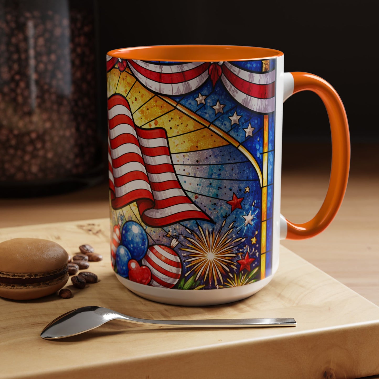 Patriotic Accent Coffee Mug — American Flag & Fireworks 15oz