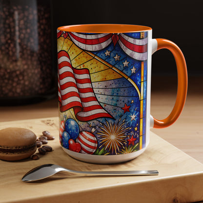 Patriotic Accent Coffee Mug — American Flag & Fireworks 15oz