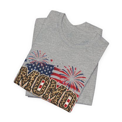 MOMO Leopard Patriotic T‑Shirt — American Flag Fireworks Graphic Tee