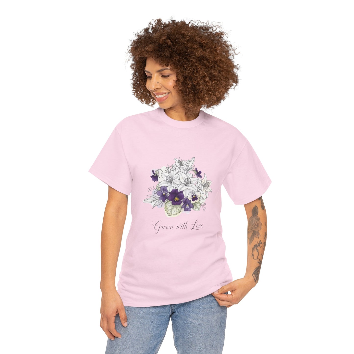 Floral 'Grow with Love' Tee — Botanical Pansy Bouquet T-Shirt