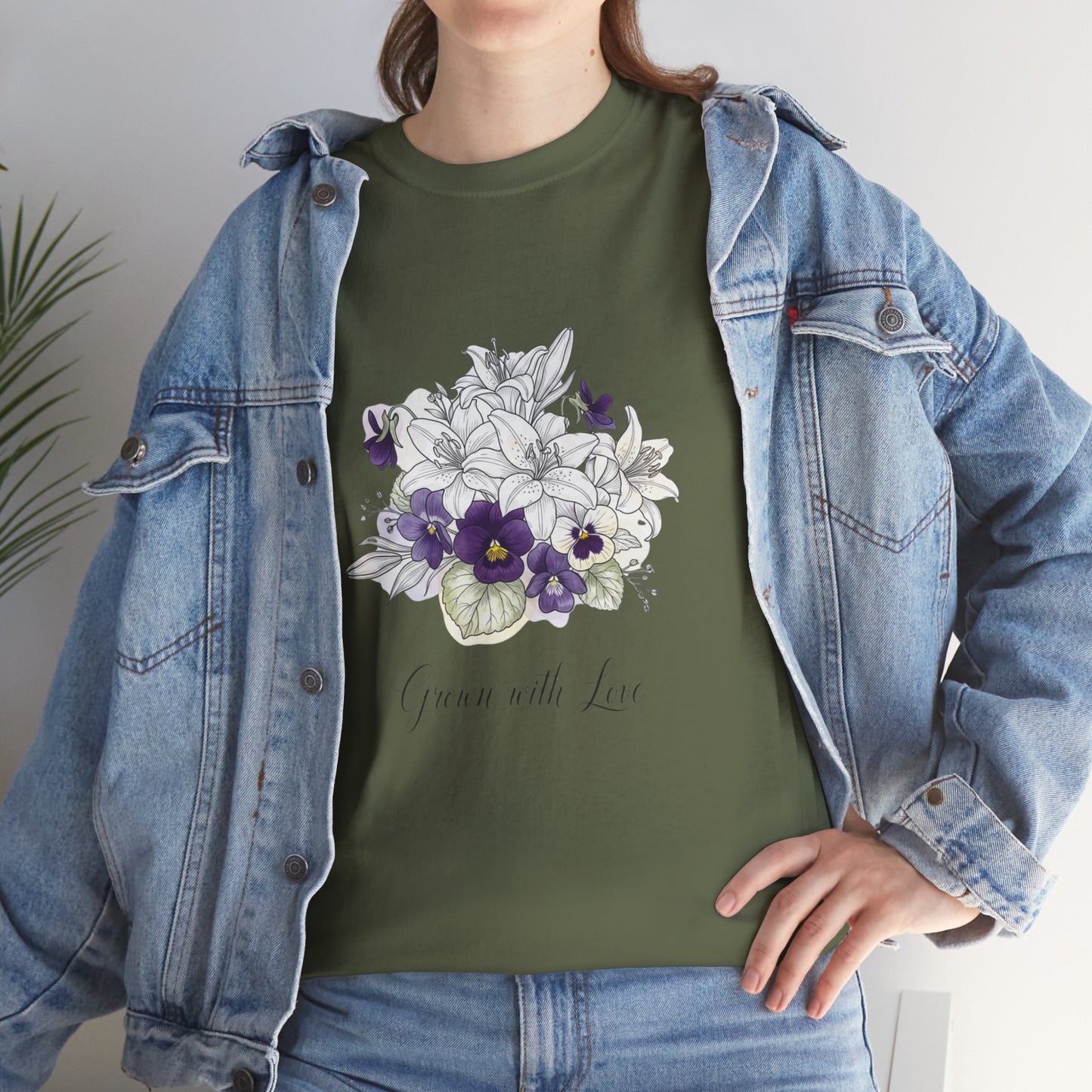 Floral 'Grow with Love' Tee — Botanical Pansy Bouquet T-Shirt