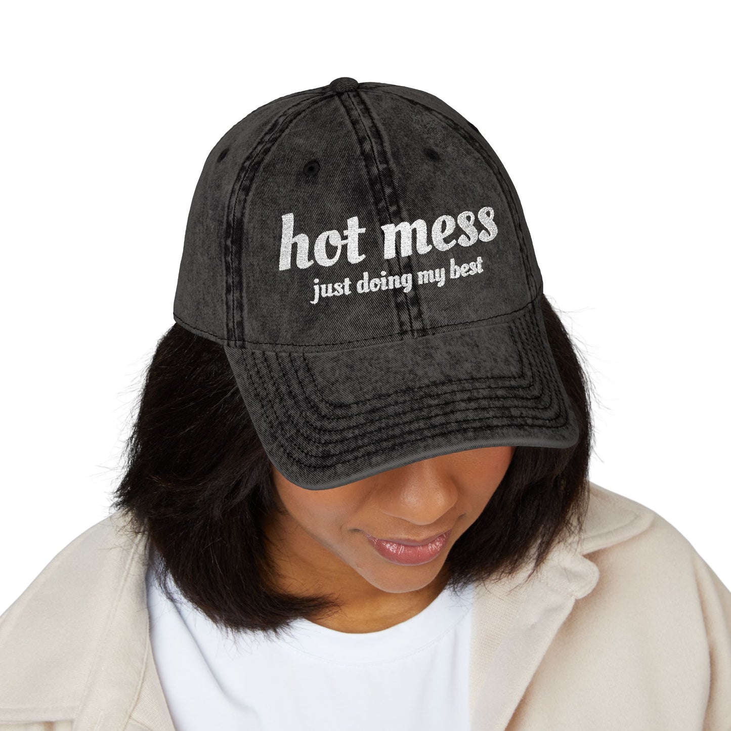 Hot Mess Embroidered Vintage Cap – “just doing my best” Distressed Dad Hat