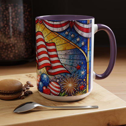Patriotic Accent Coffee Mug — American Flag & Fireworks 15oz