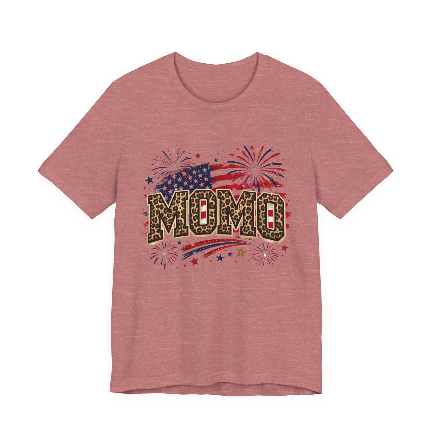 MOMO Leopard Patriotic T‑Shirt — American Flag Fireworks Graphic Tee