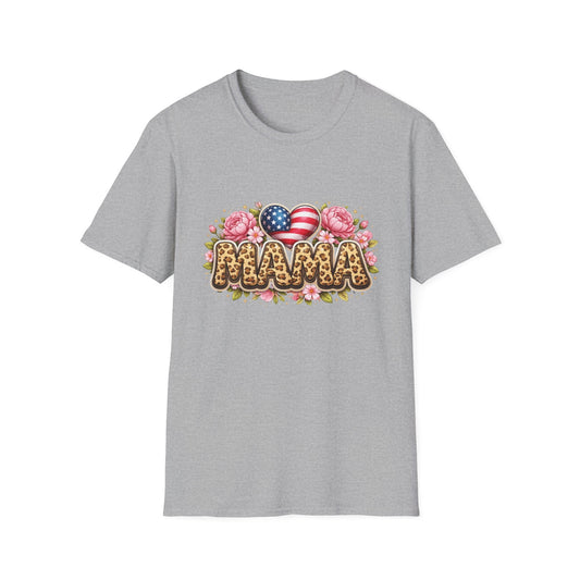 Mama Leopard Floral Tee with American Flag Hearts — Patriotic Mother's Day Shirt