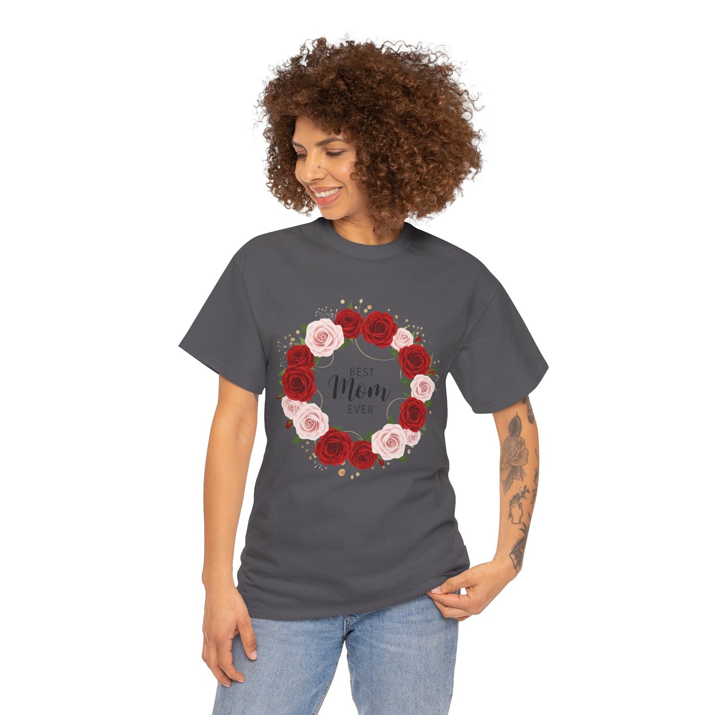 Mom Floral Wreath T-Shirt Best Mom Ever Mother's Day Gift Women Cotton Tee