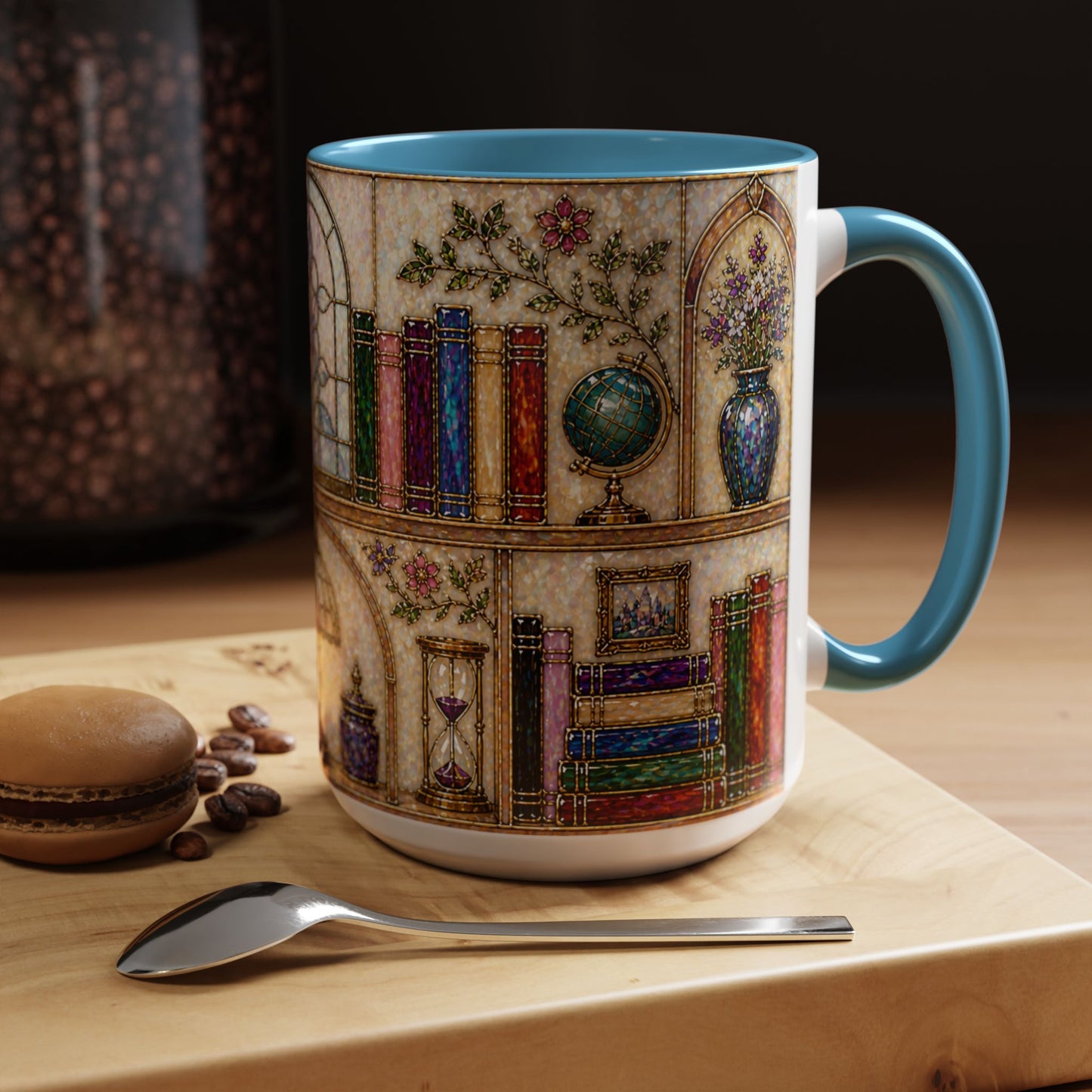 Vintage Library Mug 15oz Stained Glass Bookshelf Book Lover Gift Ceramic Tea Cup