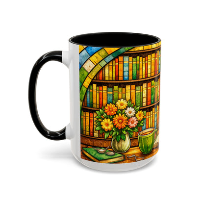 Booklover Coffee Mug – Stained Glass Library Accent Ceramic Mug