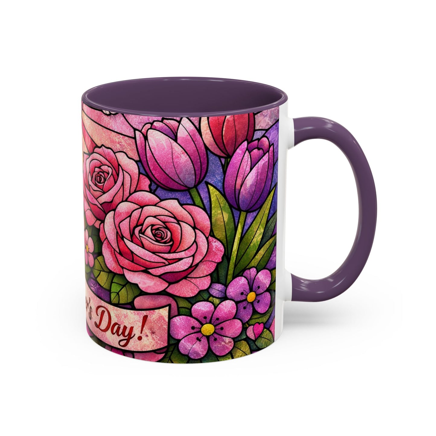 Mother's Day Floral Coffee Mug — Stained-Glass Rose Design, Unique Mom Gift (11 oz)