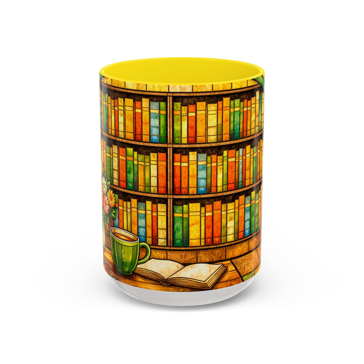 Booklover Coffee Mug – Stained Glass Library Accent Ceramic Mug