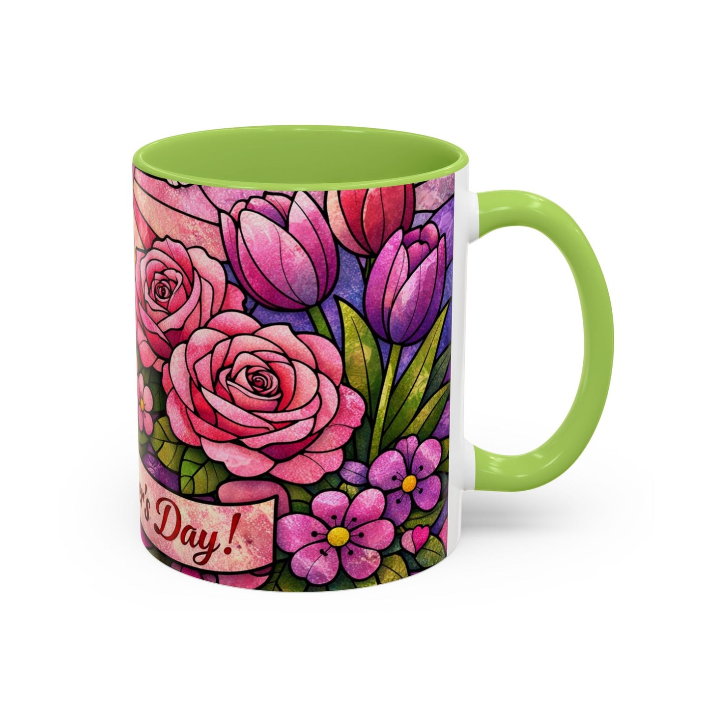 Mother's Day Floral Coffee Mug — Stained-Glass Rose Design, Unique Mom Gift (11 oz)