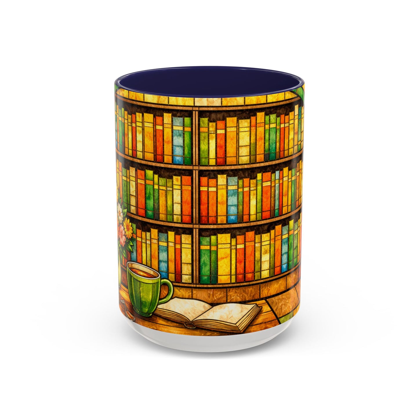 Booklover Coffee Mug – Stained Glass Library Accent Ceramic Mug